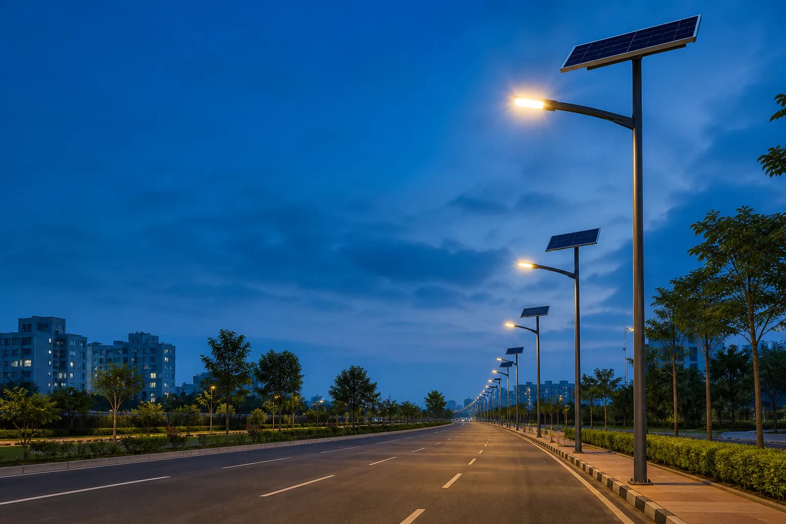 Solar-powered street lights along a modern road